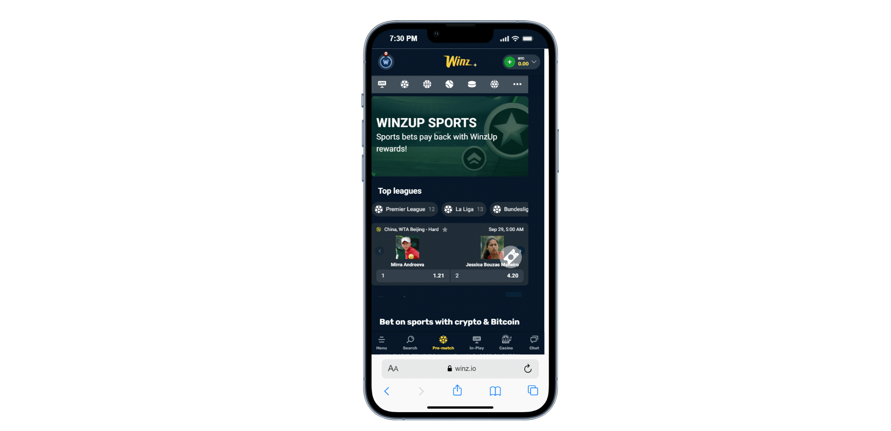 A look at the mobile version of Winz.io with the betting page open. 