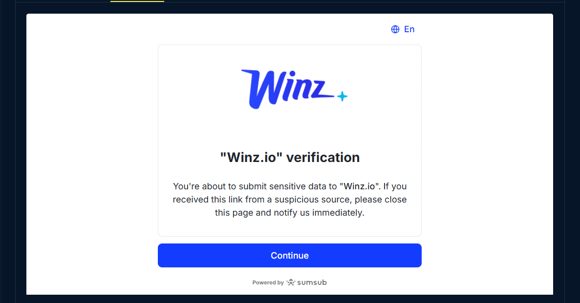 The Winz.io KYC verification page.