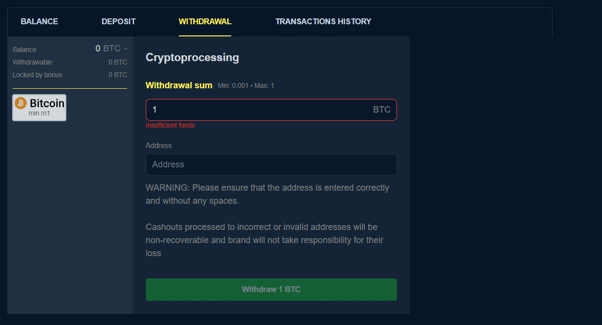 The Winz.io withdrawal tab in the Winz.io profile options.