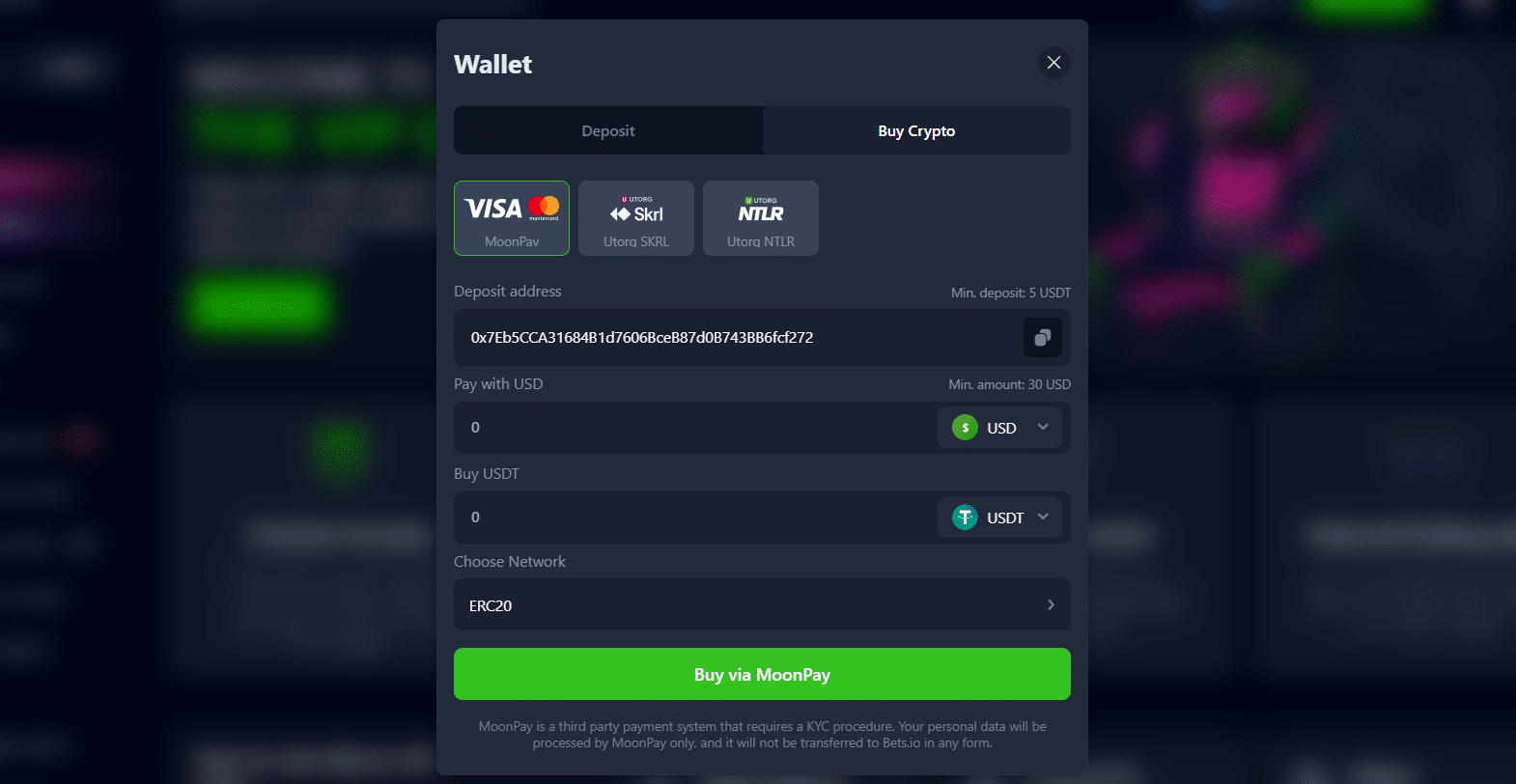 The buy crypto option in the Bets.io payment window with the provided fiat transaction methods presented.