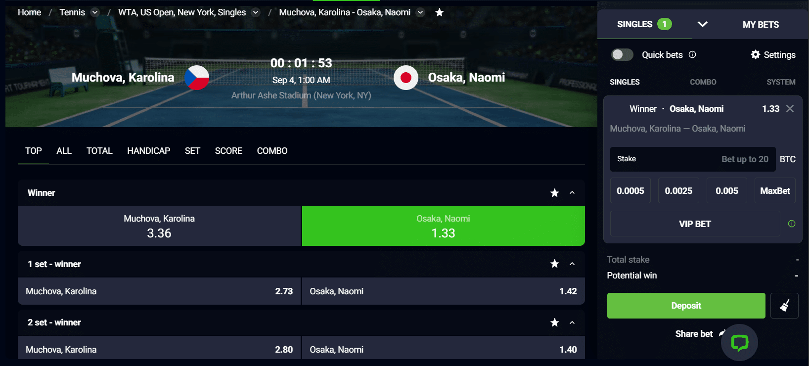 The tennis betting user interface at the Bets.io sportsbook with the bet split panel and markets visible. 