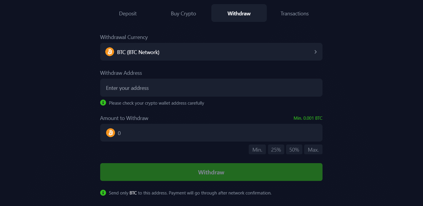 The withdrawal tab of the Bets.io payment window with Bitcoin selected for a payout.