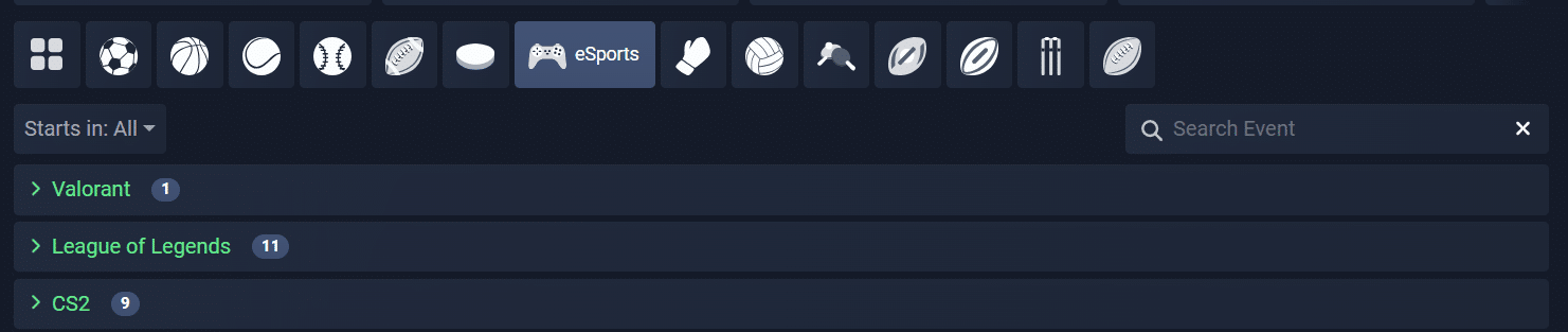 A look at the eSports betting section at the Sportbet.one crypto sportsbook.