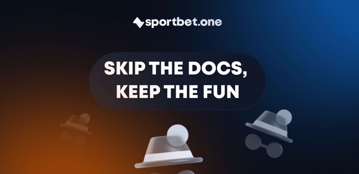 A promo banner for Sportbet.one advertising this site as a no-KYC one, not requiring any verification documents for withdrawing.