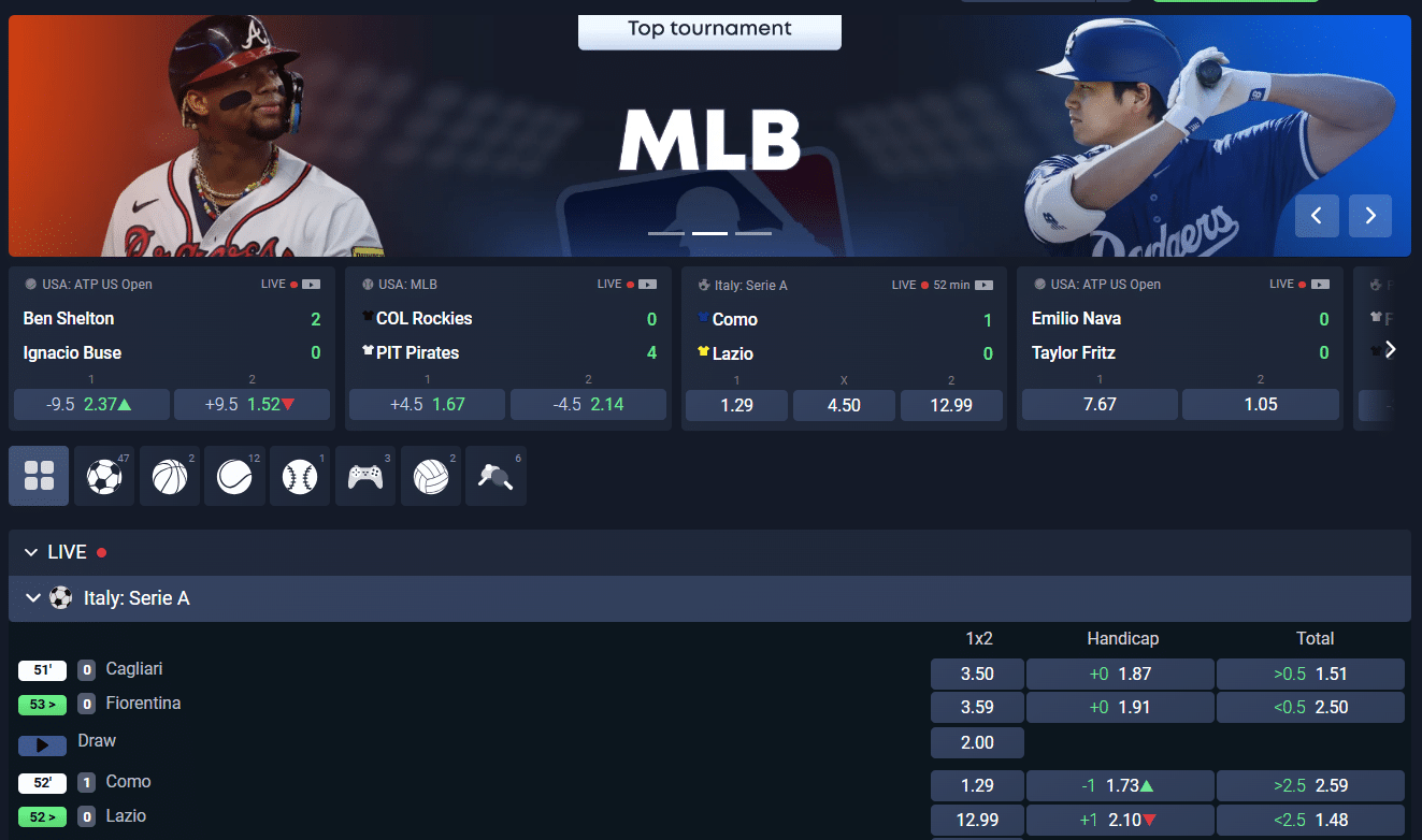A look at the betting user interface at Sportbet.one, the live match selection. 