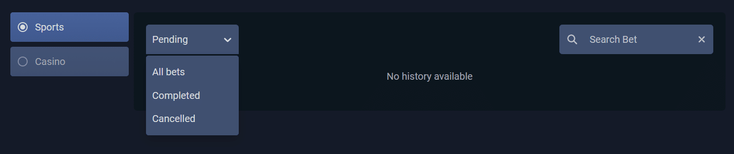 The bet history panel inside the Sportbet.one account settings page.