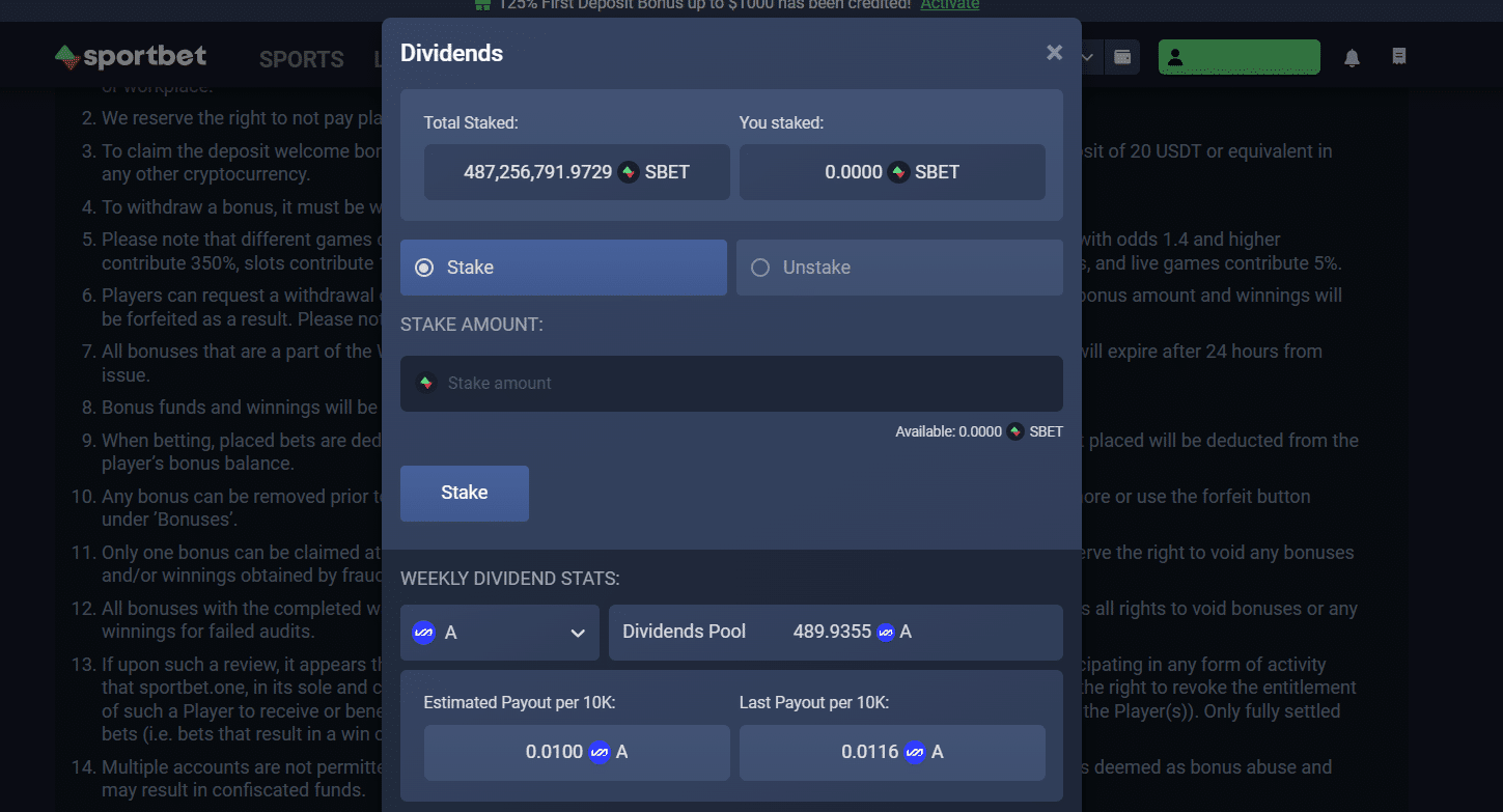 A dividend window for Sportbet.one staking, a panel for inserting the SBET stake amount. 