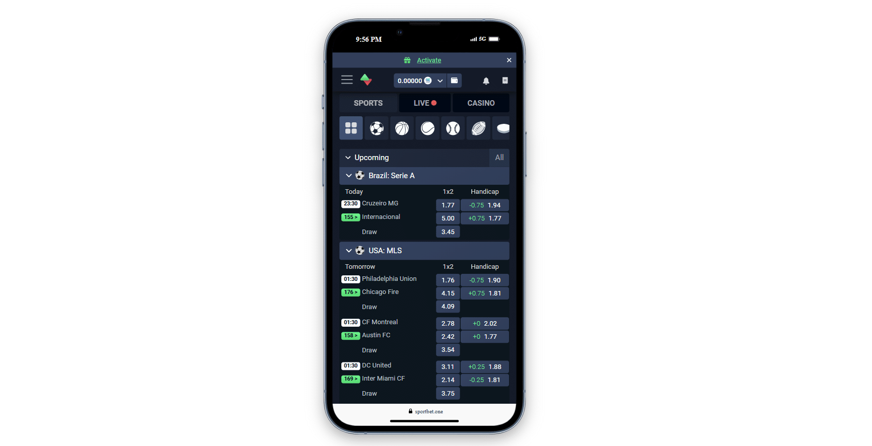 A look at the Sportbet.one mobile version with the pre-match selection on the crypto sportsbook side of things.