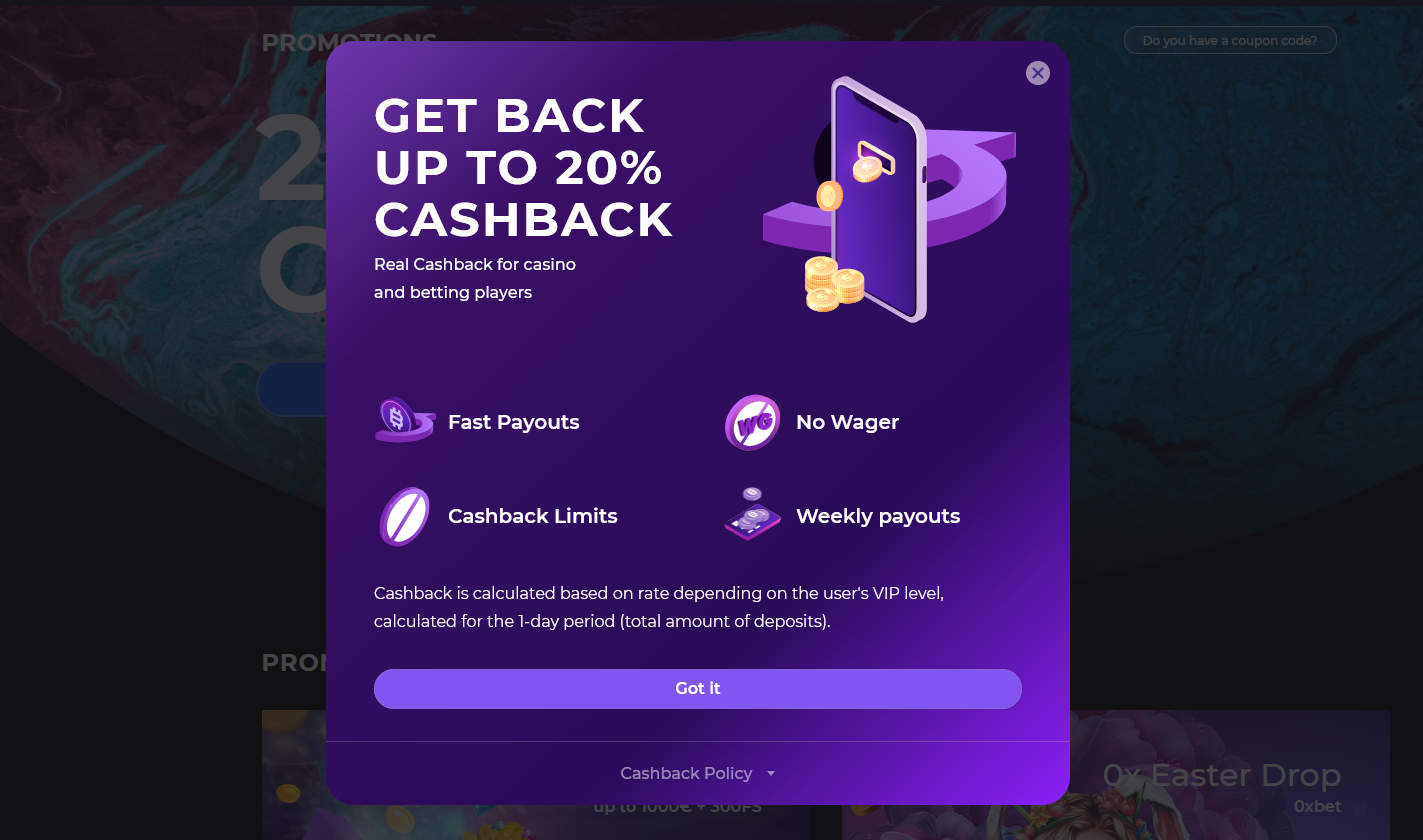 0x.Bet Cashback