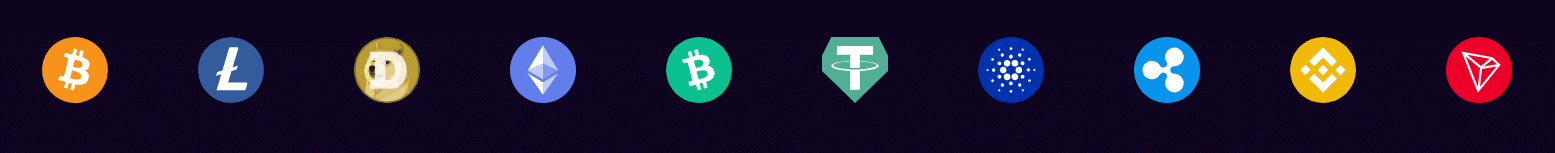 The cryptos accepted at 0x.Bet. Their logos presented.