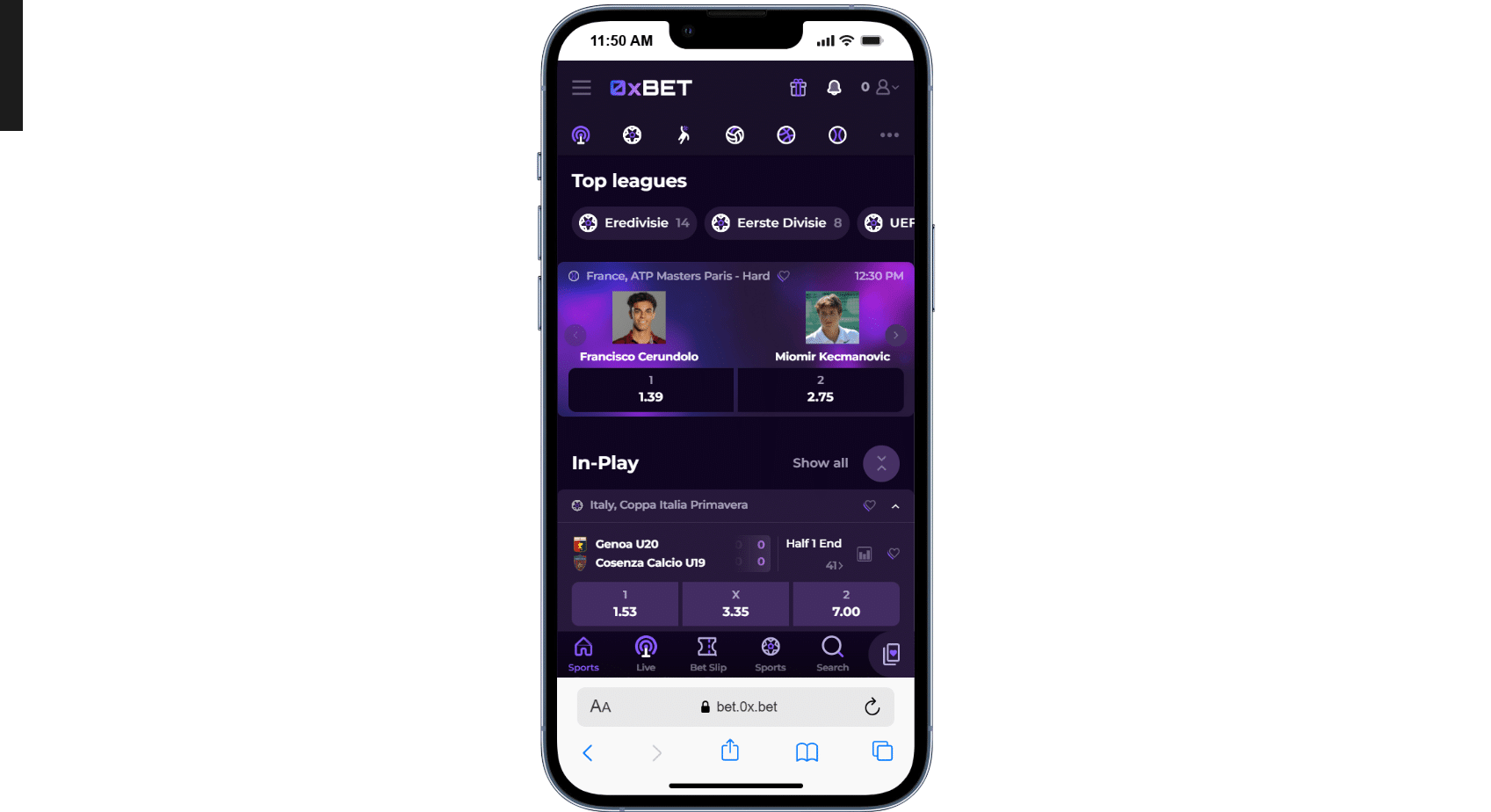 The mobile version of the 0x.Bet sportsbook.