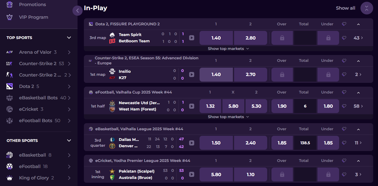 A look at the 0x.Bet eSports betting page.