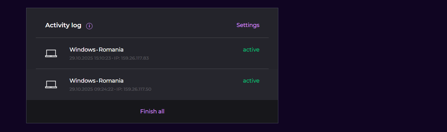 A look at the security activity log option at 0x.Bet.