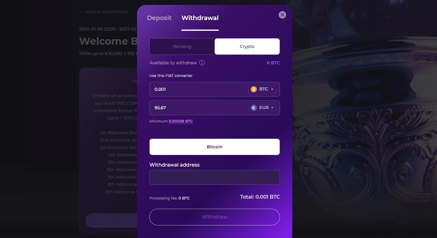 The withdrawal tab in the 0x.Bet payment window.