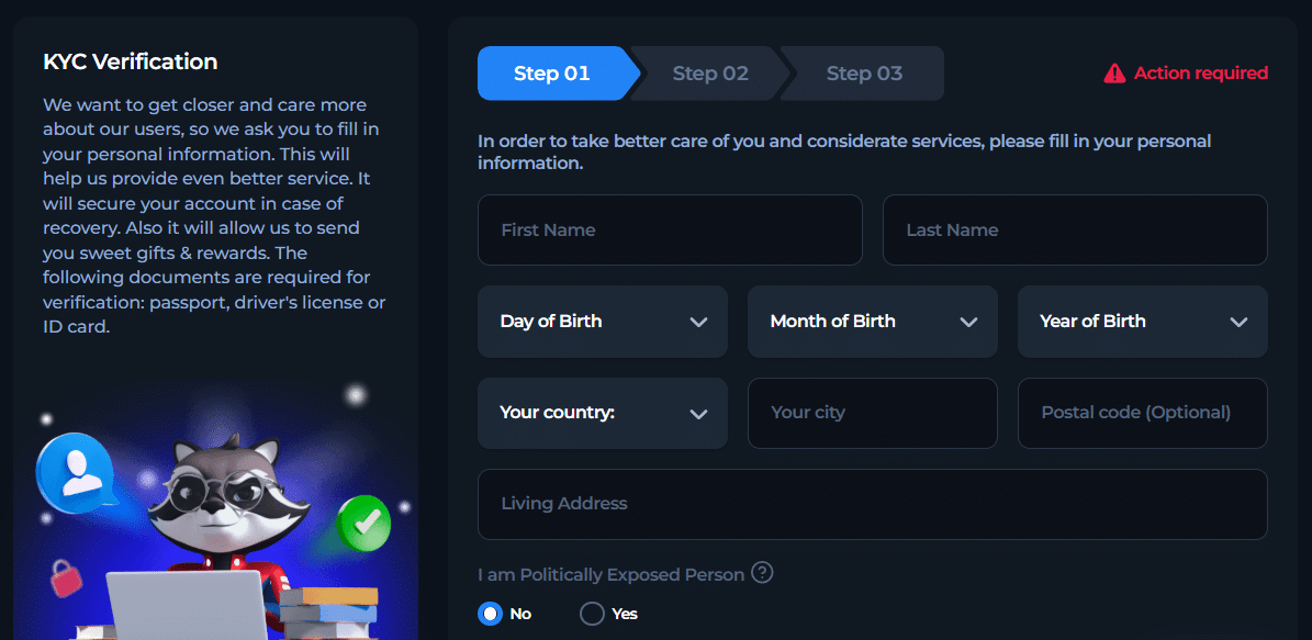 The KYC verification window at BetFury , showing the three-step verification process here. 