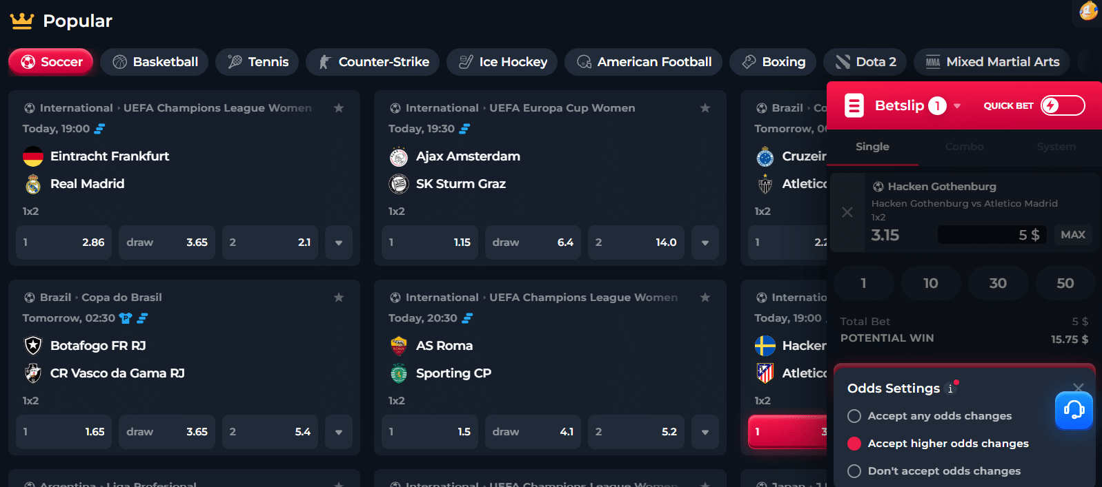 The BetFury betting interface with the bet slip panel active and event cards showing.