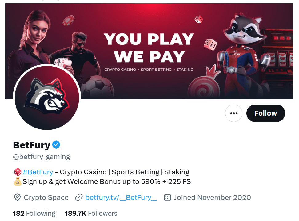The BetFury offical profile on X with the follower count there visible. 