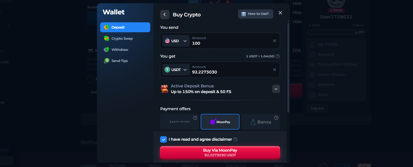 The Buy Crypto panel at BetFury open through which users can buy cryptos here.