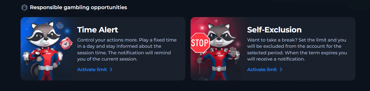The Responsible Gambling options at BetFury.com, time alerts and self-exclusion. 