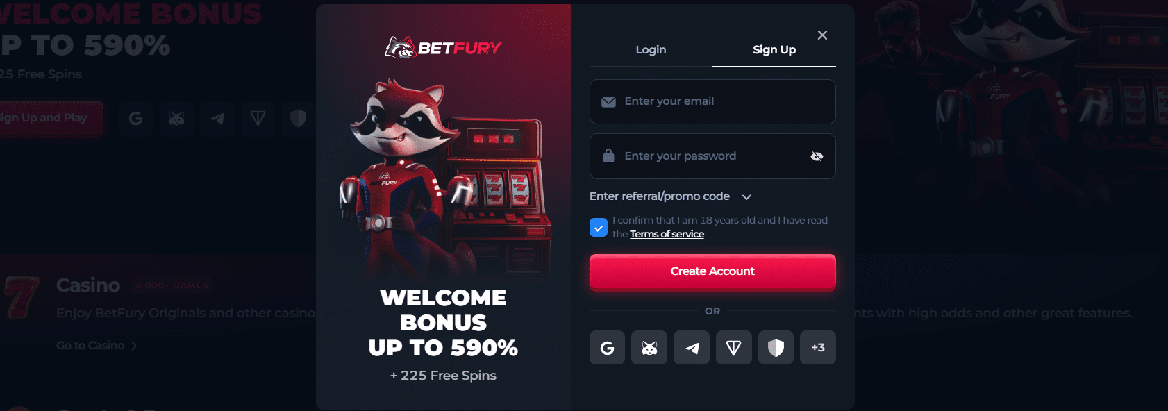 The registration form at BetFury.com for account-creation on this platform. 