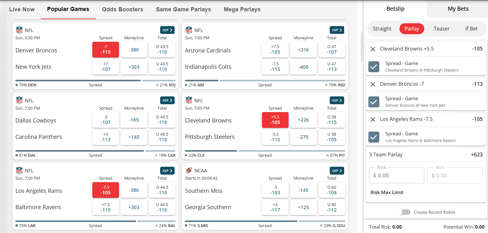 The BetOnline betting UI.