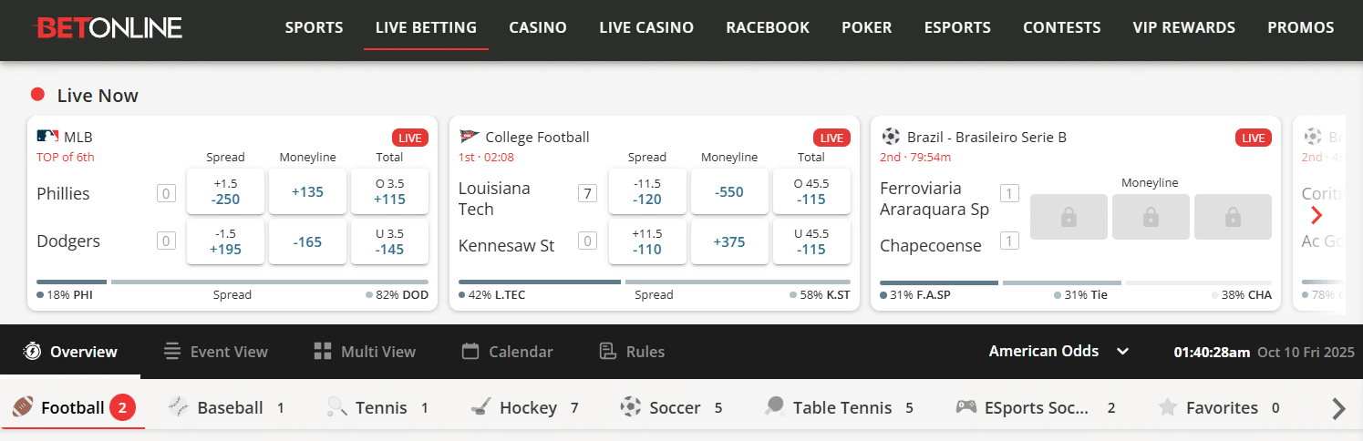 The live betting section of the BetOnline sportsbook.