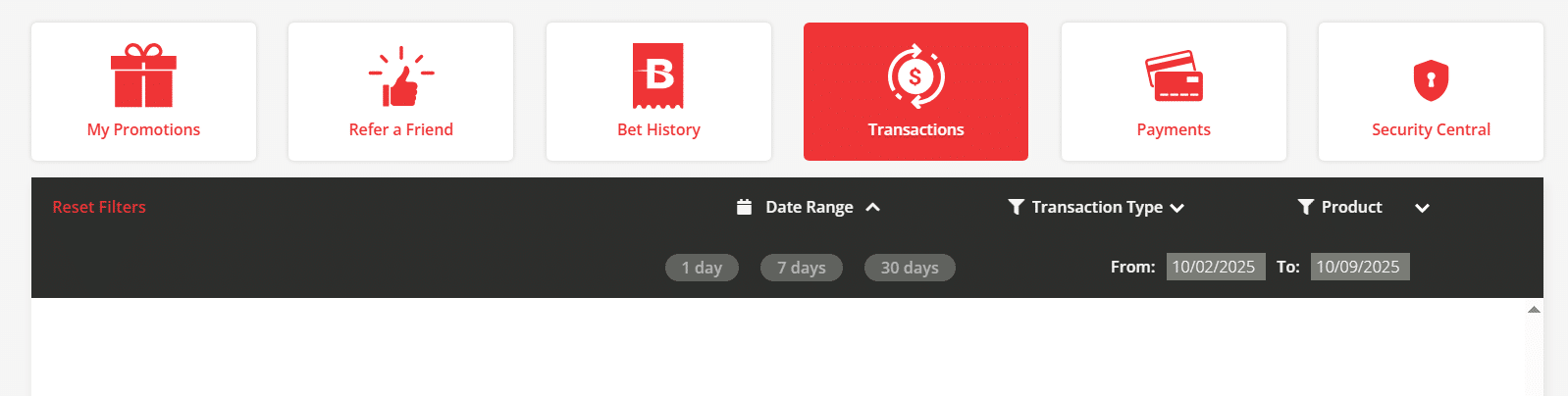 The section of your BetOnline user profile that features your payment history data.
