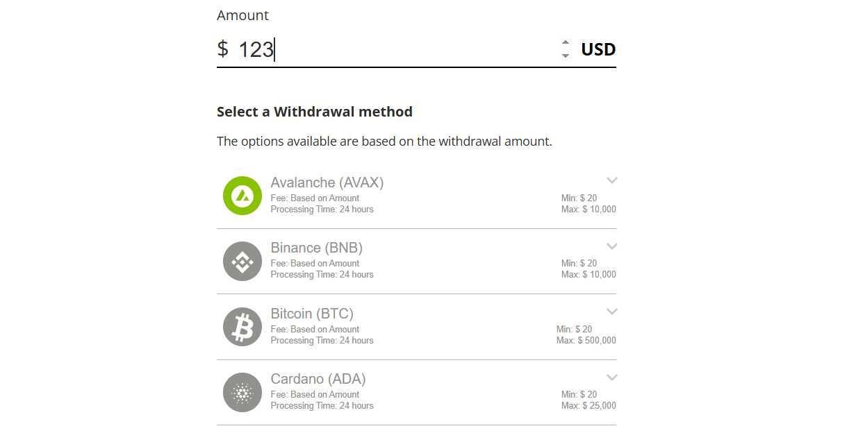 The withdrawal section on the BetOnline payment page.