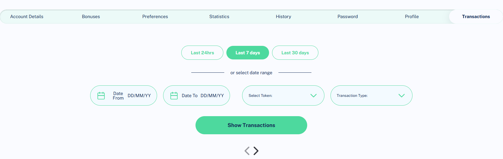 The DailySpins transaction page for viewing past transfer records.