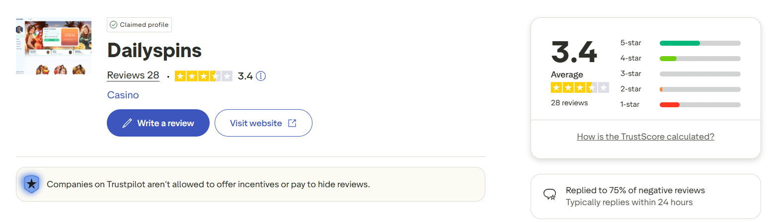 The Trustpilot page for Dailyspins with the rating for this brand visible on that platform.