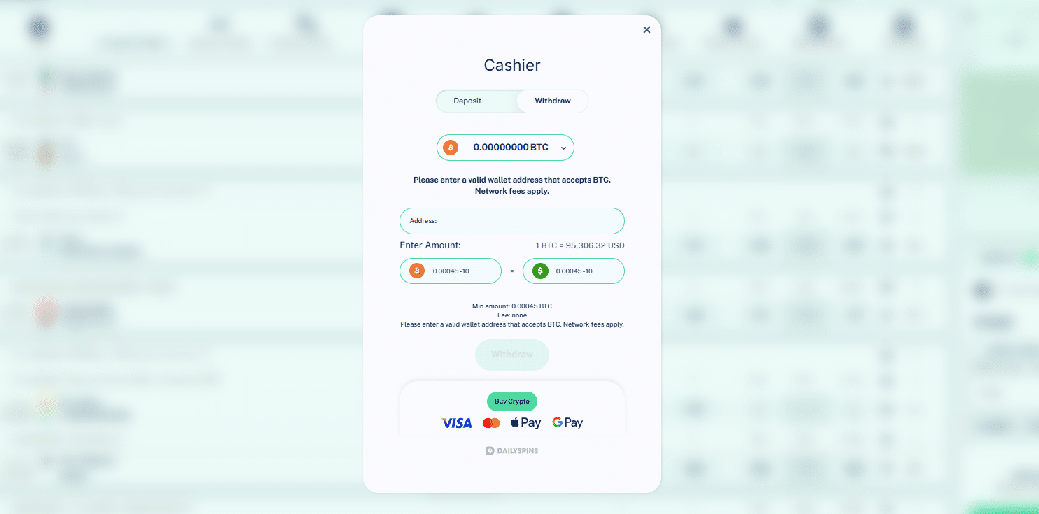 The DailySpins withdrawal tab in the site's payment window.