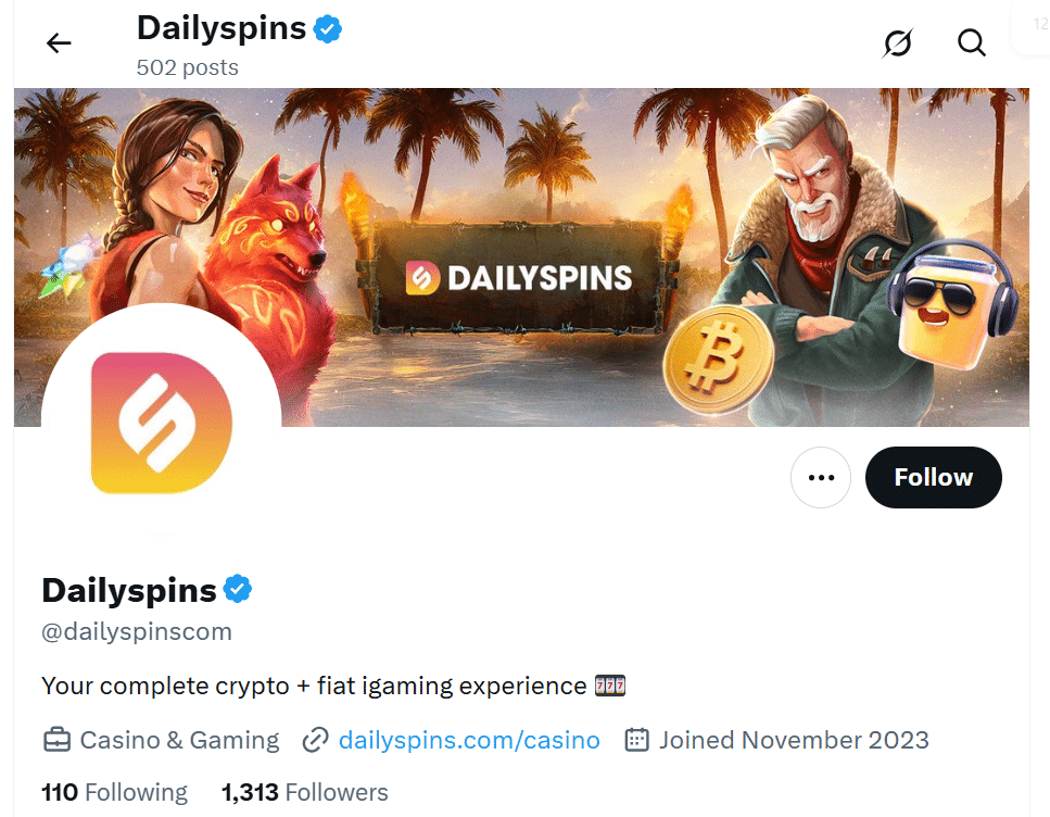 The DailySpins X page with the follower count visible.