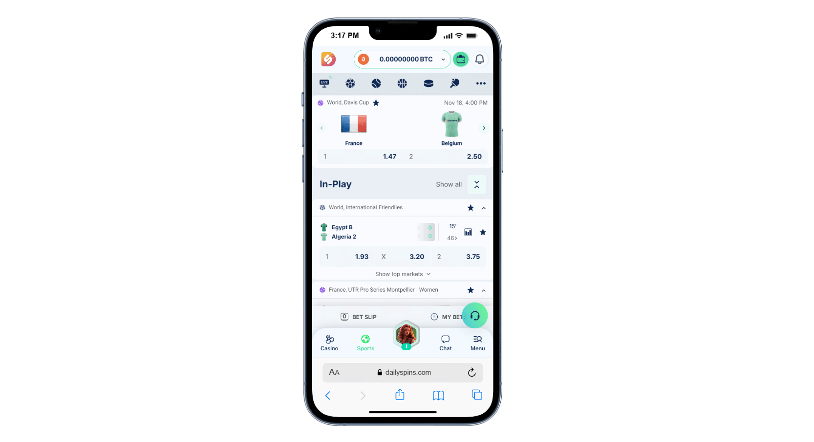 The DailySpins mobile betting page.