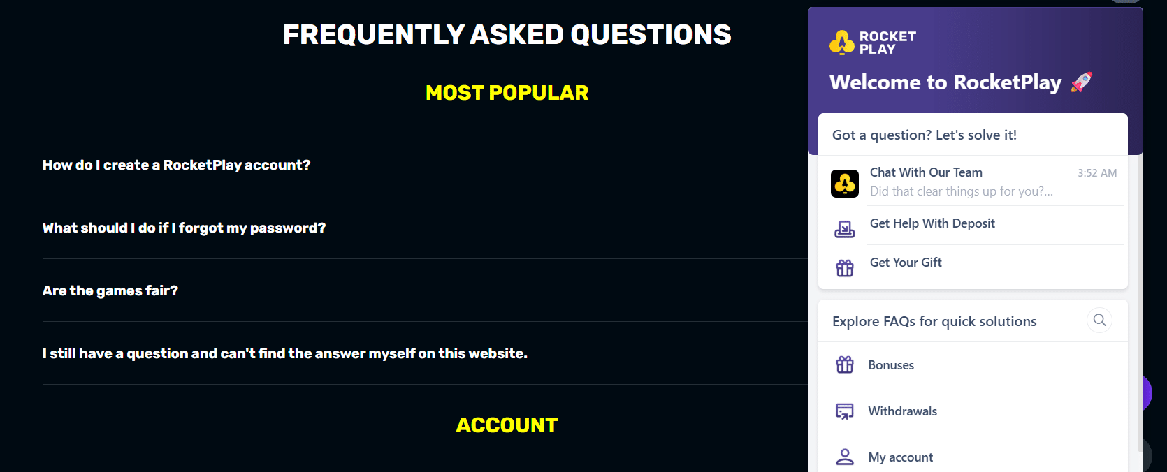 The RocketPlay FAQ page, with the live chat window visible. 