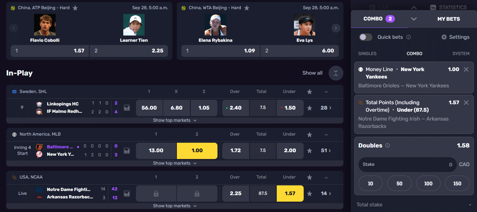 The betting UI at RocketPlay with the bet slip panel up. 