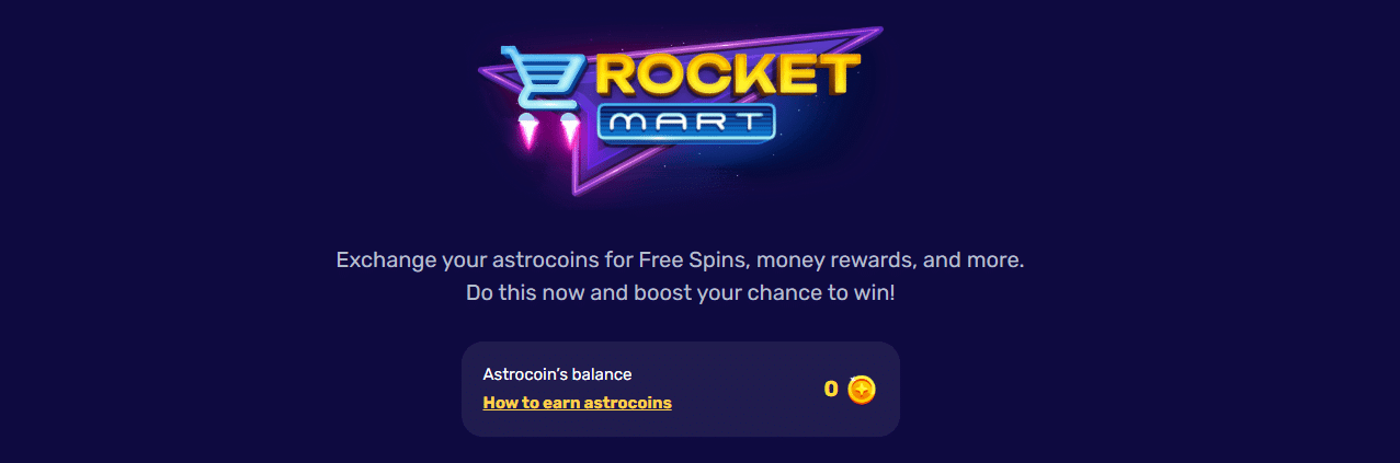The RocketMart marketplace at RocketPlay where astrocoins get exchanged. 