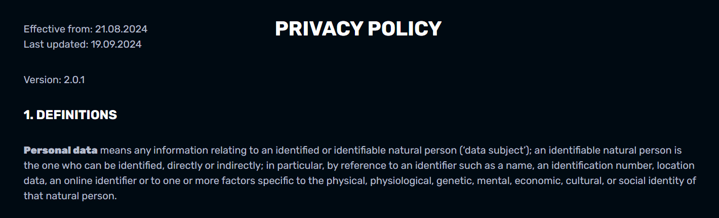 The opening of the RocketPlay's privacy policy page.  
