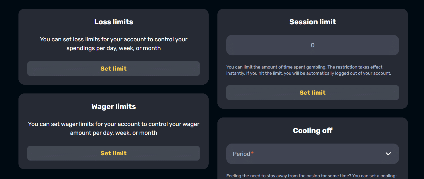 The responsible gambling page at the RocketPlay website letting users control their betting urges, keeping them in check. 