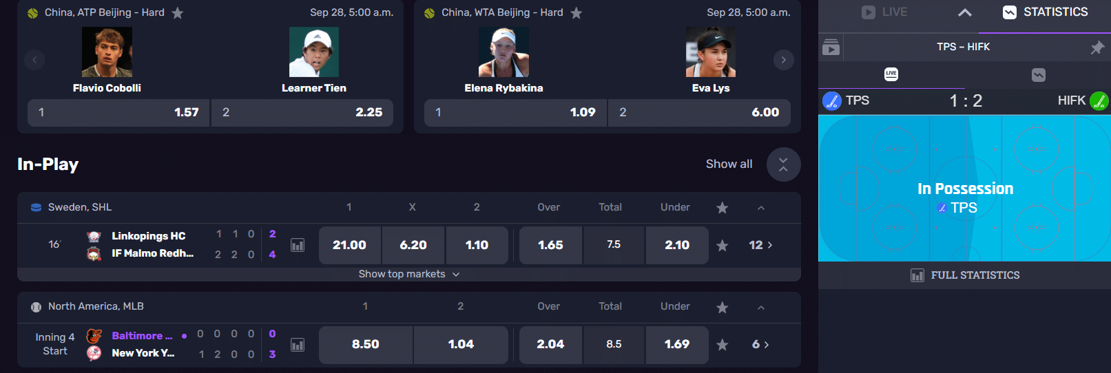 The in-play  betting section at RocketPlay website. 