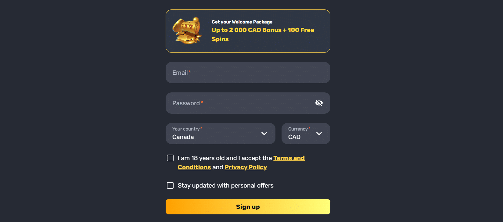 The sign-up form at RocketPlay for account creation.