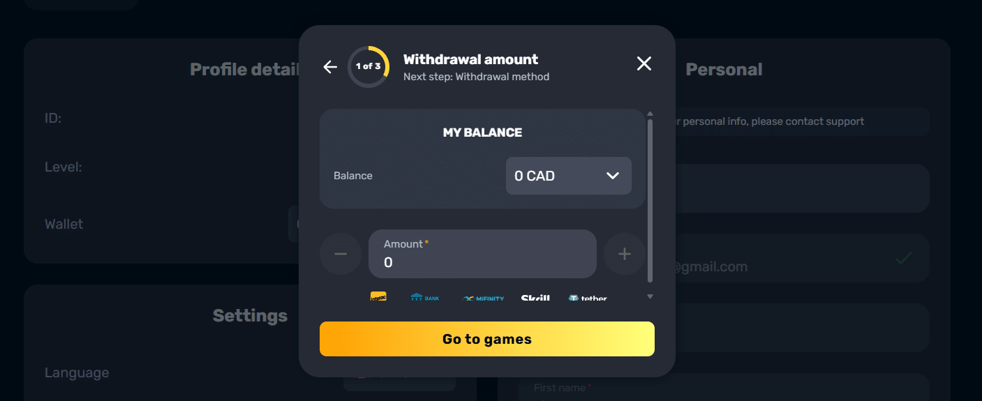 The withdrawal tab at RocketPlay from which you receive payouts. 