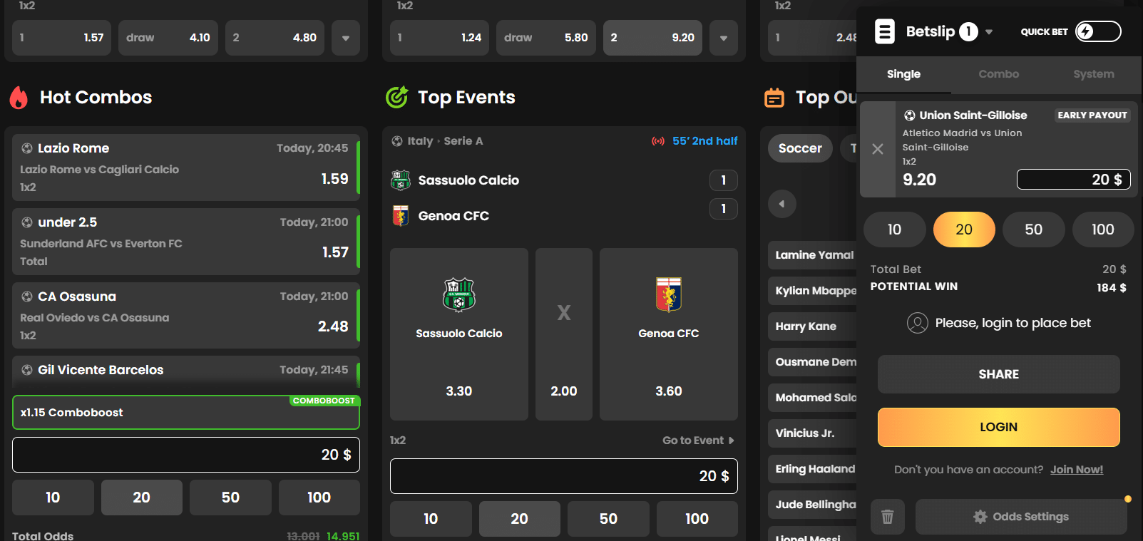 The WSM Casino betting page, with some of its main features and functions. 