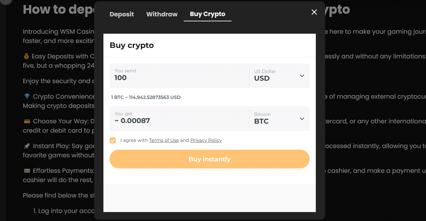 The Buy Window tab in the WSM Casino payment window. 