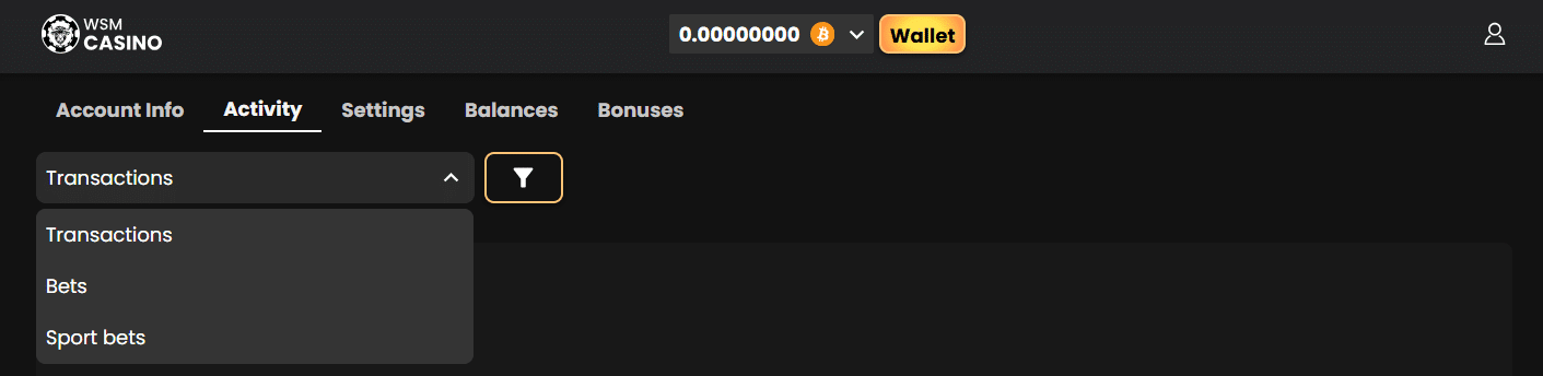 the transaction section of your WSM Casino profile settings. 