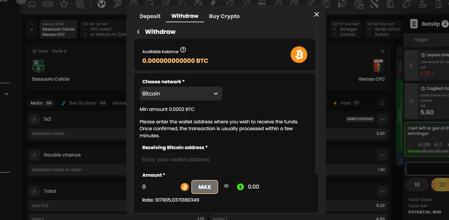 The withdrawal tab of the WSM Casino   payment window. 
