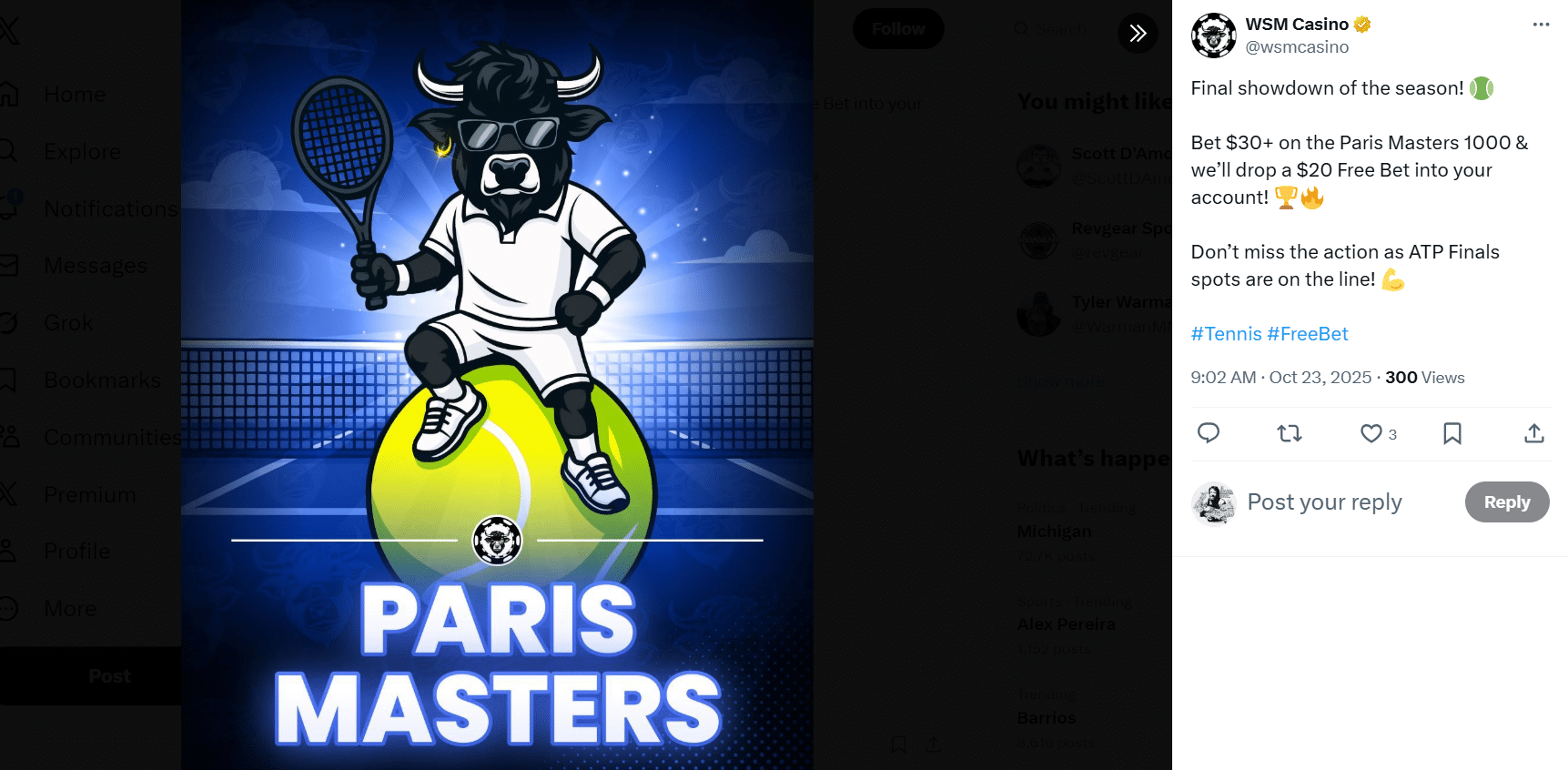 A WSM Casino X profile free bet promo for tennis. 