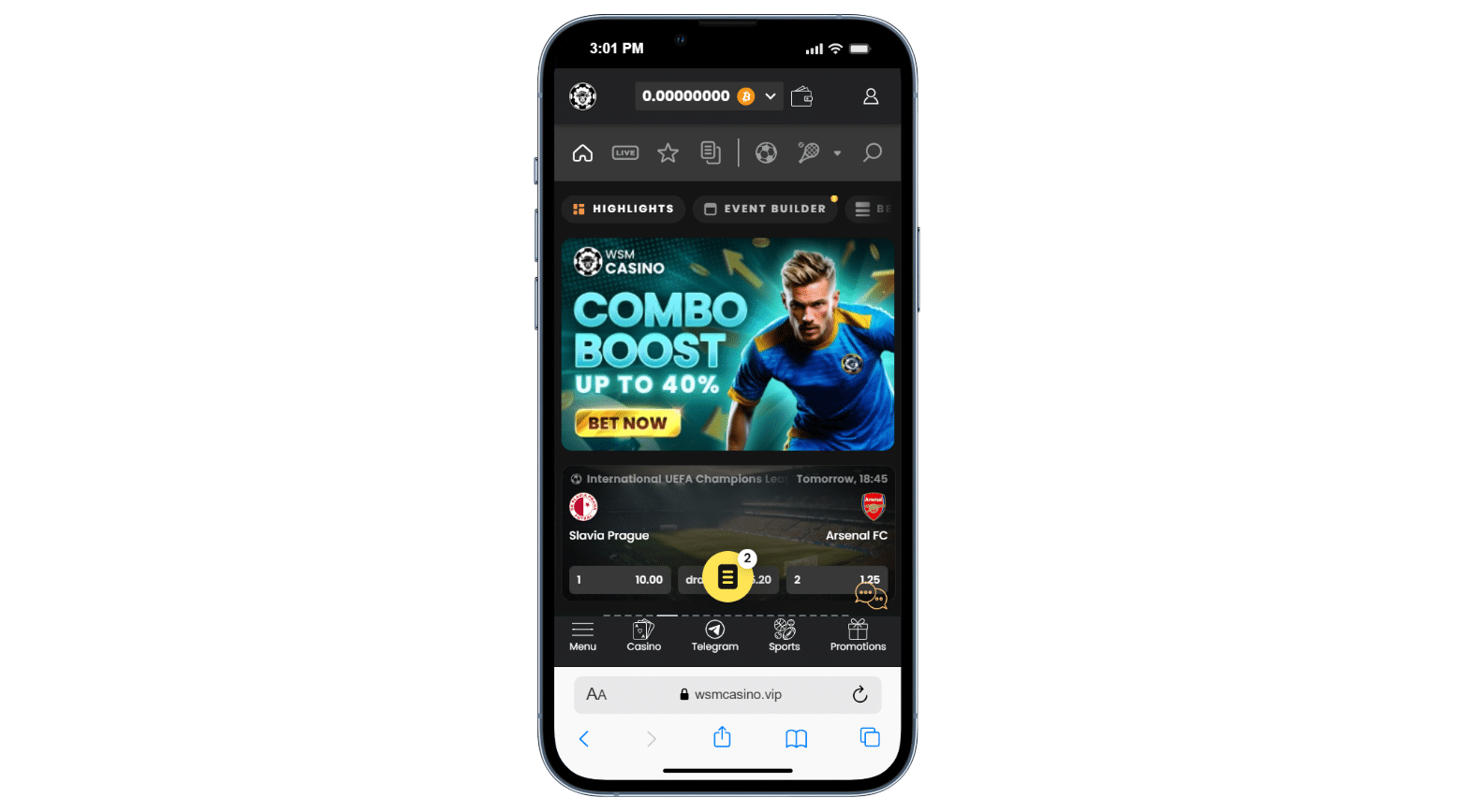The mobile version of the WSM Casino betting page. 
