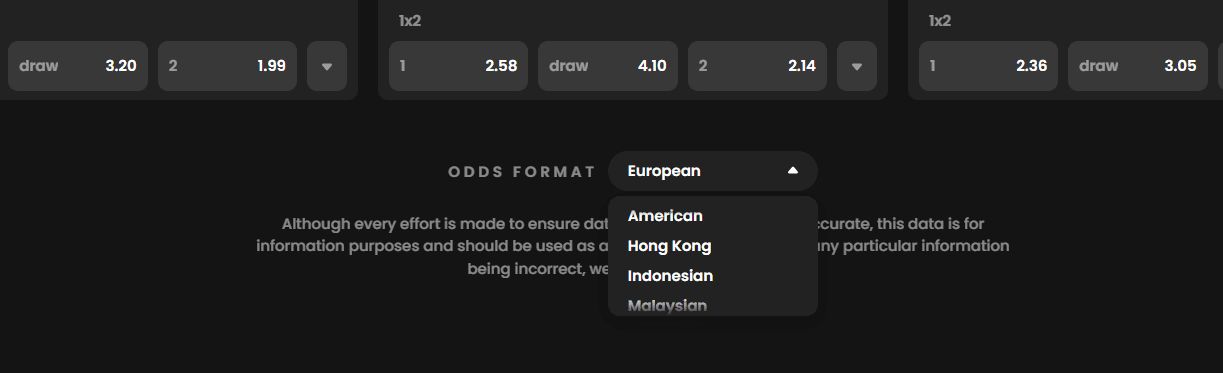 The odds selector at WSM Casino's BETBY sportsbook. 