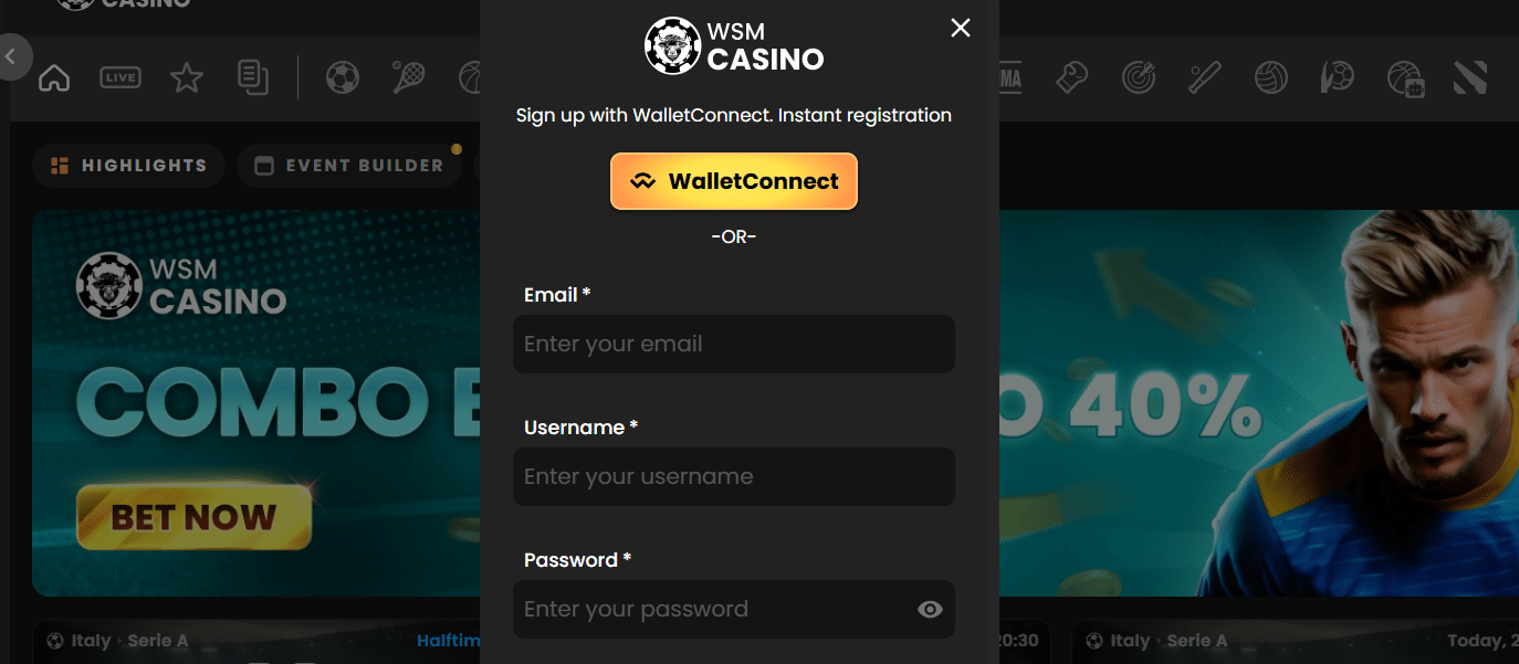 The registration form at WSM CASINO for account creation. 