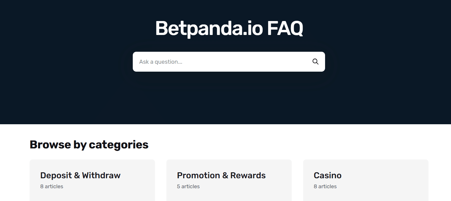 The BetPanda Help Center with a few article categories presented. 